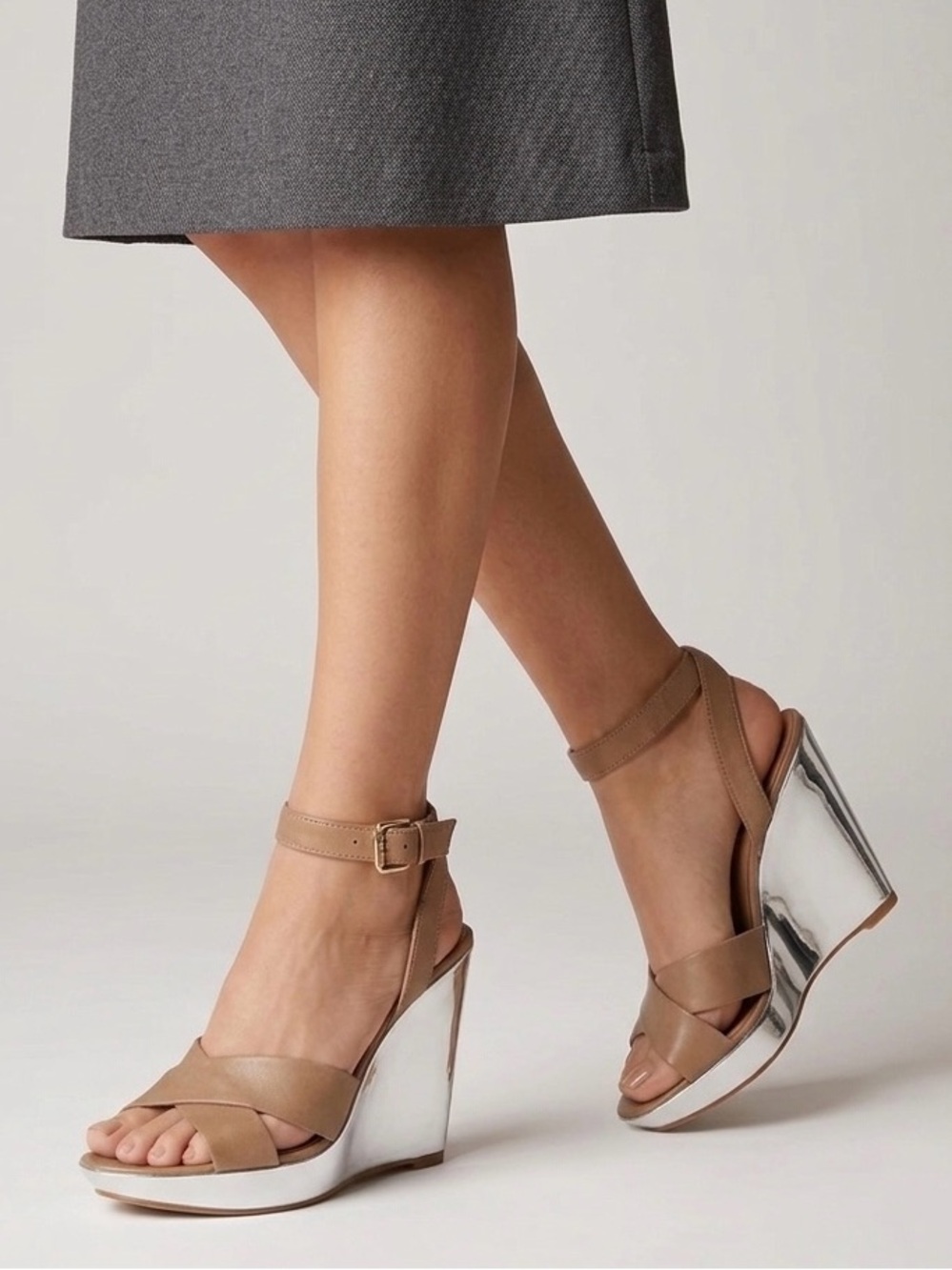 7 for All Mankind Tiarra Taupe Leather Mirrored Wedge Sandal
